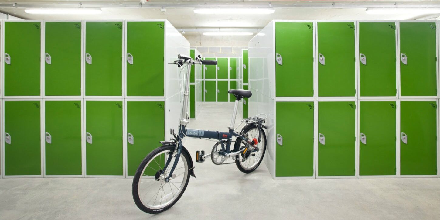 100 East Road, Hoxton - providing a comprehensive cycle parking solution with wall mounted apex racks, Sheffield cycle hoops and cycle lockers for secure storage